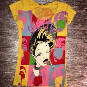 Crystal Rock Christian Audigier Yellow Pop Art Graphic T-Shirt Womens Small Y2K
